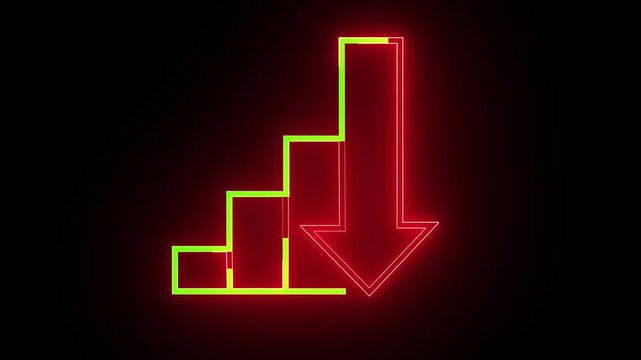 Bar graph illuminated by intense red neon lighting illustrates a significant downward movement or decreasing value through a sharp arrow symbol used to highlight critical economic struggles and risks.