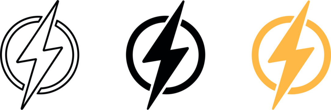 Lightning bolt icon set with circle outline, power energy thunderbolt symbol creative flat vector illustration