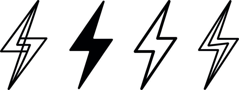 Lightning bolt icon set for power energy, electric thunderbolt symbol outline flat vector illustration shape