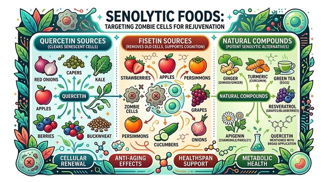 Senolytic foods infographic for cellular rejuvenation and health