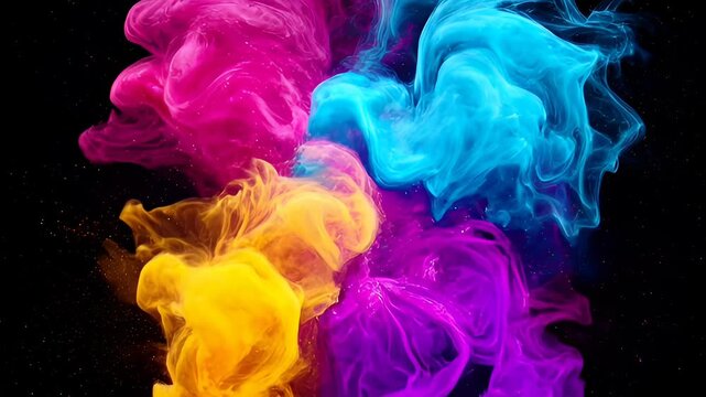 Abstract smoke colors vibrant plume cloud swirl black background, colourful powder explosion with dynamic motion and vivid contrast, colorful ink plume cloud abstract art magenta cyan yellow purple