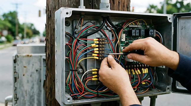 Hands of a technician repairing an outdoor electrical junction box