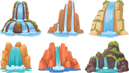 Waterfall vector set with cartoon cascades, mountain rocks and river streams, isolated landscape illustrations element © Sabina