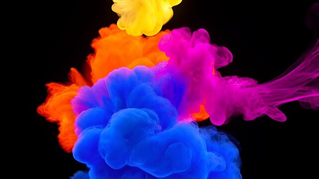 Abstract smoke colours, vibrant cloud in blue pink yellow and black background, abstract smoke colours colorful fluid motion with dramatic contrast and soft flow for SEO friendly upload title