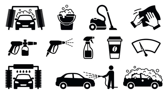Various monochrome icons for car washing, cleaning and auto detailing services, Symbolizing automotive business and customer convenience