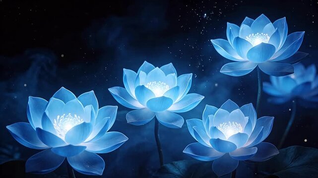 Blue lotus flowers glowing in dark