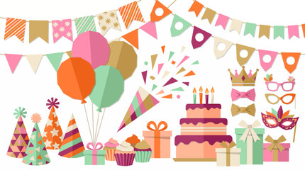 Fototapeta premium Vibrant flat design birthday party elements, including balloons, multi-tiered cake, gifts and confetti, symbolizing festive celebrations and event planning needs