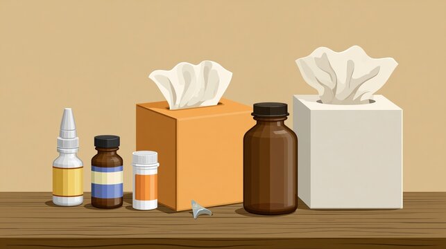 Nose drops, medicine, and a tissue box sit on a table by a tan wall.