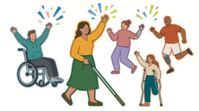 Joyful illustration of diverse individuals with disabilities including wheelchair user, prosthetic limbs and white cane, celebrating happily, illustrating inclusion and celebrating diverse abilities