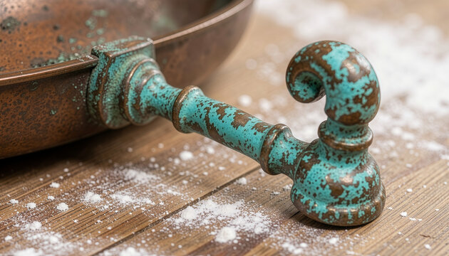Close-up of antique copper pan handle with verdigris patina