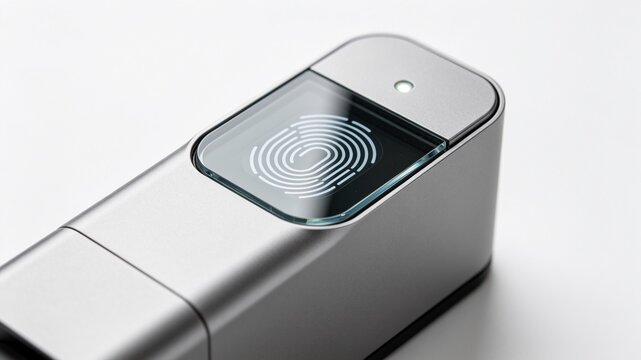 Close up of a modern biometric fingerprint scanner on white background