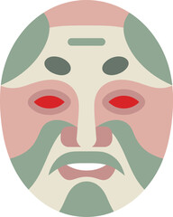 Obraz premium Flat of a stylized traditional japanese noh theater mask, featuring a symmetrical face with red eyes and muted green and pink tones