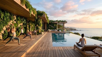 Fototapeta premium Group Yoga Class at Luxury Oceanfront Villa with Infinity Pool and Vertical Garden at Sunset