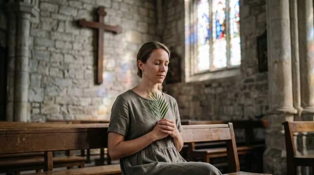 . Woman holding palm leaf against blurred cross background. Palm Sunday religious observance with Christian prayer. Spiritual worship concept for Easter holiday and church ministry service