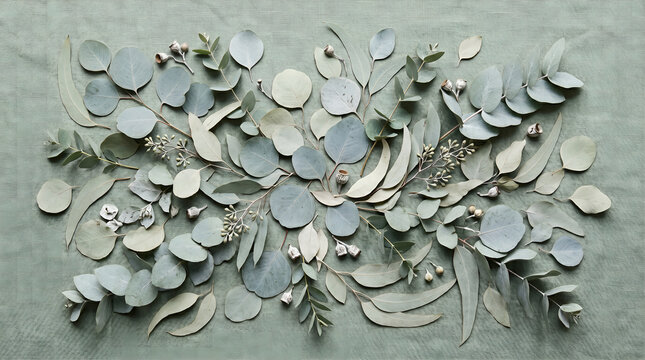 Arrangement of Eucalyptus Leaves and Silver Berries on a Sage Green Fabric Background for Nature Inspired Flat Lay Photography