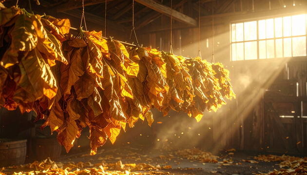 Tobacco leaves drying inside a wooden structure under bright sunlight