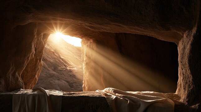 Sunlight streaming through cave entrance with covered table, nobody