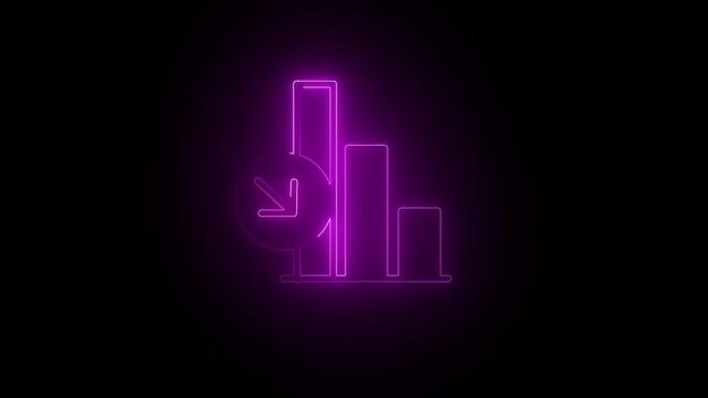 Bar chart glowing in purple neon light displays a descending trend icon representing a decrease in financial performance and market value on a plain dark background for professional business analysis.
