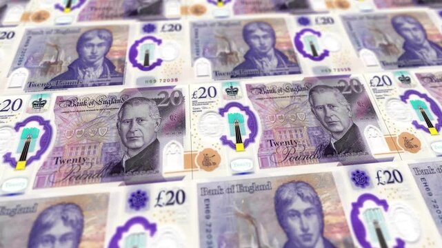 Seamless Loop British Twenty Pound Sterling Banknotes Stack, Horizontal Orientation, UK Money Wealth Concept for Business