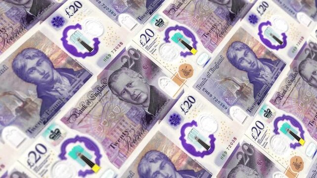 Looping Animation of 20 British Pound Bills Arrangement, Horizontal Format, UK Finance Economy Background Footage