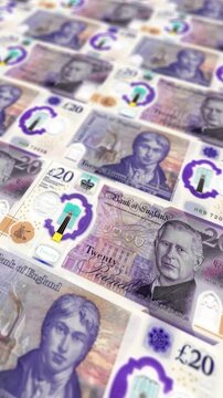 Seamless Looping British Twenty Pound Banknotes Stack, Vertical Orientation, UK Currency Background for Social Media Finance