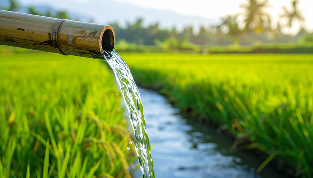 Water flowing from bamboo pipe into field irrigation agricultural concept