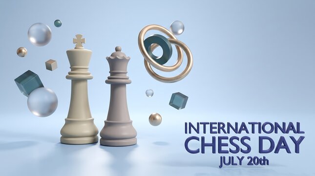 3D rendered chess board scene with title text for International Chess Day.