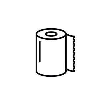 Simple black outline icon of paper towel roll or toilet tissue roll with perforated edge for household cleaning.
