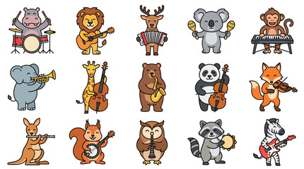 Colorful flat design music festival animals including cheerful hippo lion reindeer koala and monkey playing instruments with editable strokes for creative projects © nurhuda Pratama