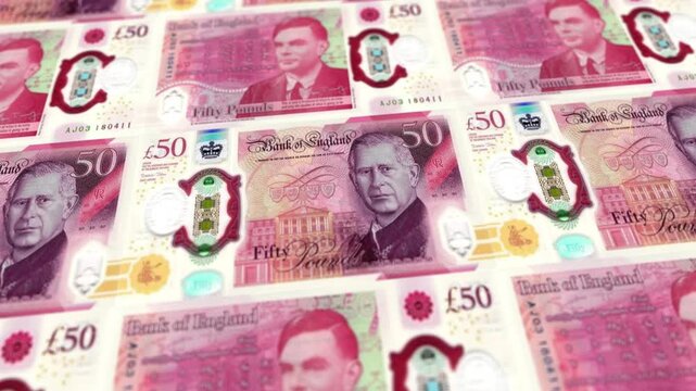 Animated Loop of British 50 Pound Banknotes Arrangement, Horizontal Video, UK Financial Banking Concept Background