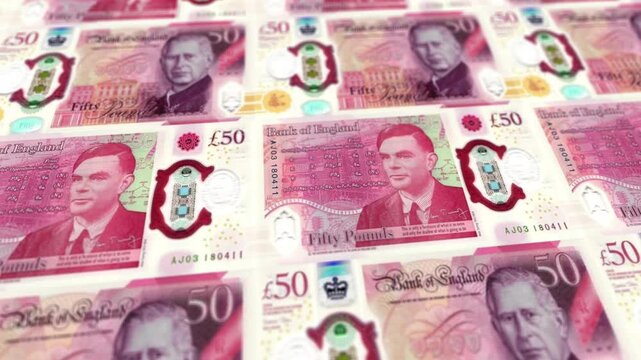 Seamless Loop British Fifty Pound Sterling Banknotes Stack, Horizontal Orientation, UK Money Wealth Concept for Business