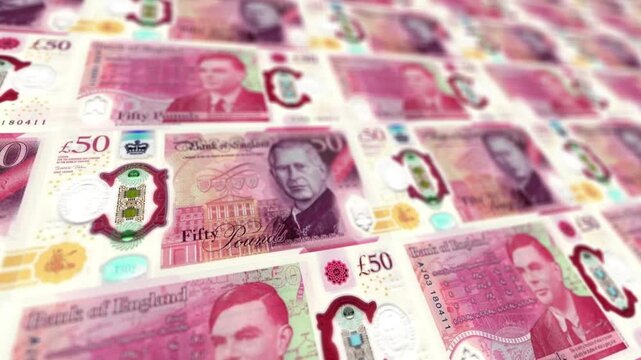 Looping UK Fifty Pound Bills Pile Animation, Horizontal Format, British Money Background for Business and Finance
