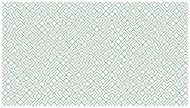 Seamless abstract geometric maze pattern background with thin dark green lines on white backdrop.