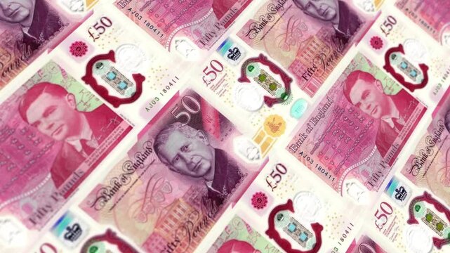Looping Animation of 50 British Pound Bills Arrangement, Horizontal Format, UK Finance Economy Background Footage