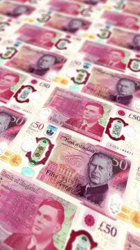 Seamless Loop UK Fifty Pound Banknotes Pile, Horizontal Video, British Currency Wealth Background for Finance Content