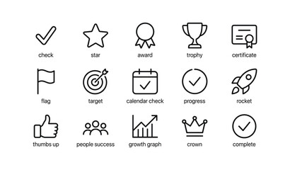 Fototapeta premium Grid of achievement and progress icons on white background