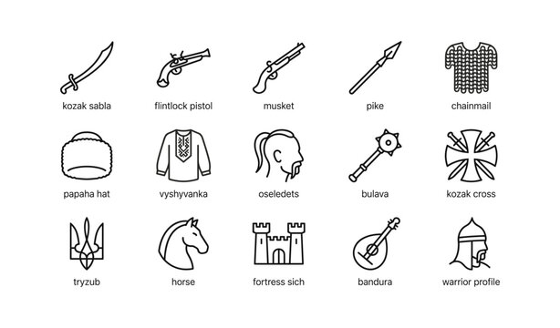 Grid of historical cossack weapons and cultural icons