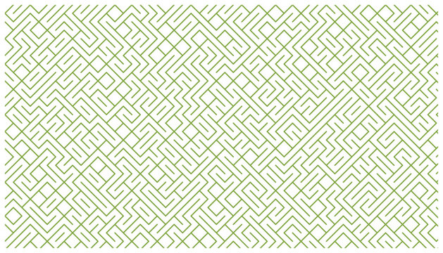 Seamless abstract geometric maze pattern background with thin green lines on white backdrop.