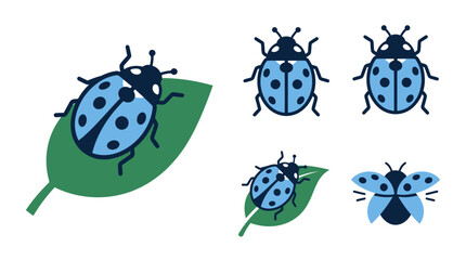 Blue ladybug insect icons on green leaves. © gacor