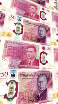 Seamless Looping UK 50 Pound Bills Pile, Horizontal Video, British Currency Banking Wealth Background for Finance