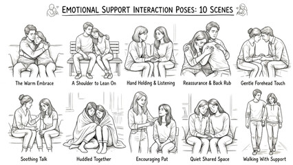 Obraz premium Emotional Support Interaction Poses Line Art Collection | 10 Premium Mental Wellness Vector Pack