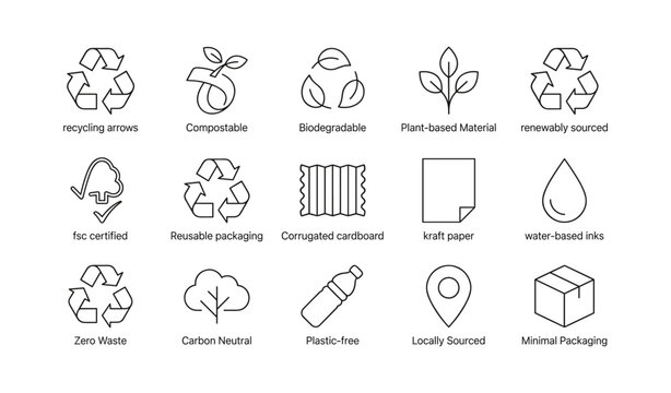 Sustainability and recycling icons arranged in grid on white
