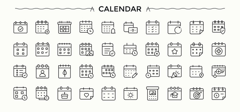 Calendar icon set. Plan icon pack. Icons for UI designs. Contains outline symbols like event, date, organizer, date and time, organize, month and more. Editable stroke vector art.