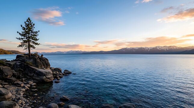 Lone pine tree on the rocky shore of a serene mountain lake at sunset
