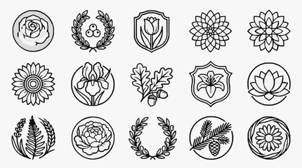 Clean Black and White Botanical Emblem Collection of 15 Unique Floral and Leaf Designs in Circular and Shield Shapes © Vini