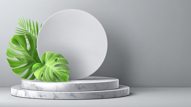 Minimalist presentation stage featuring stacked marble cylinders and lush tropical foliage against a soft gray background