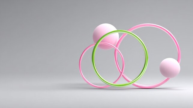 Three dimensional abstract composition features interlocking pink and green rings supporting soft pink spheres