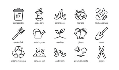 Fototapeta premium Composting and garden tools icons arranged in grid on white