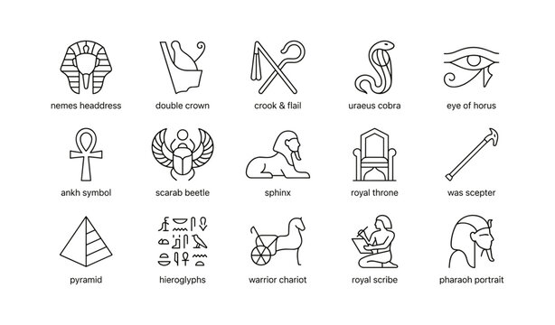Ancient egyptian symbols and royal icons arranged on white