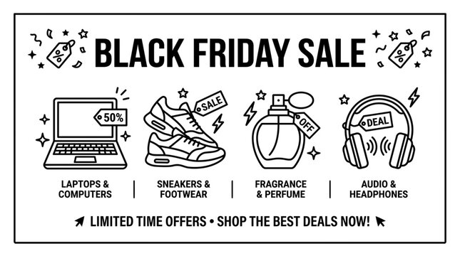 Black Friday sale promotional banner with icons for electronics footwear and perfume.